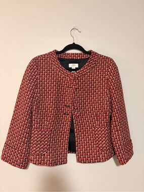 LOFT Red and Black Houndstooth Tweed Cropped Blazer